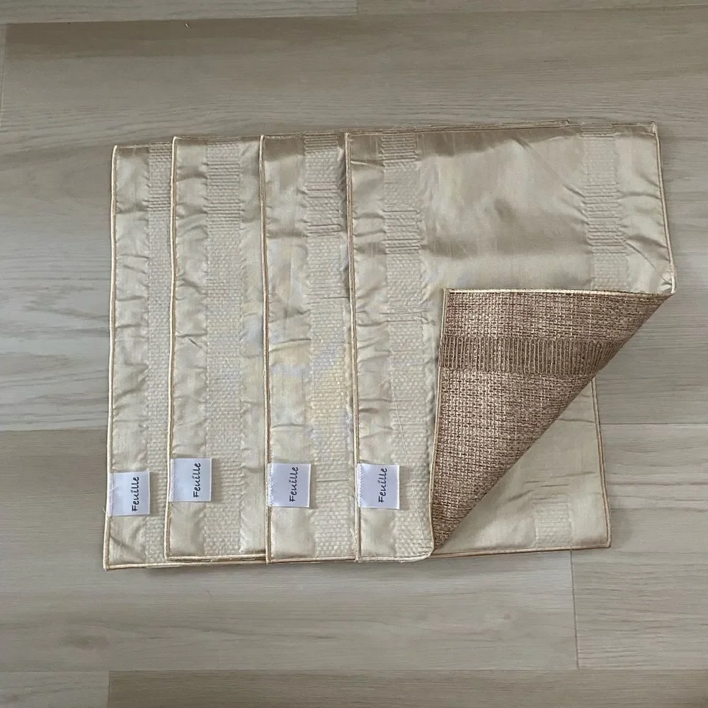 Feuile Elegant Cream Reverse Brown Texture Placemats Set linen Blend